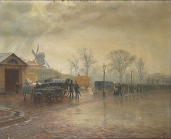 Painting of a lively street scene at Halmtorvet with people and buildings