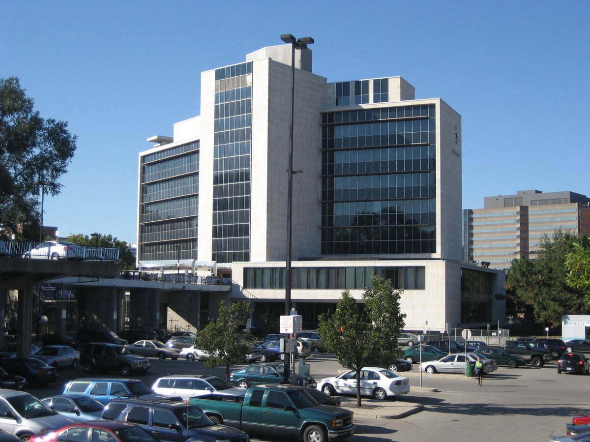 Back view of Hamilton City Hall from Hunter Street West in downtown Hamilton Ontario