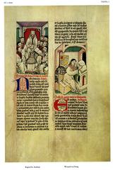 Reproduction of a 1426 painting by Wynandus de Stega depicting St. Andreas in Köln with Stiftskapitel and a self-portrait