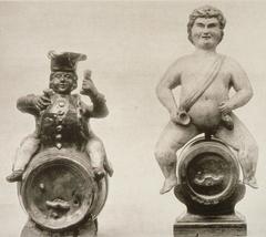 Decorative art sign featuring Bacchus riding a wine barrel by Fassreiter