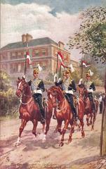Troopers of the 21st Lancers cavalry regiment passing Marlborough House along the Horse ride in The Mall, London, 1911 postcard by Harry and Arthur Payne