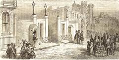 Historic illustration of London charities at Marlborough House with prince awaiting, from Gustave Doré's 1872 London pilgrimage