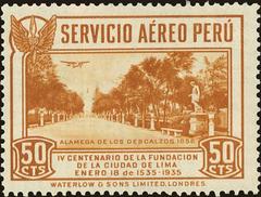 1935 Peruvian stamp featuring Alameda de los Descalzos, printed by Waterlow & Sons, London