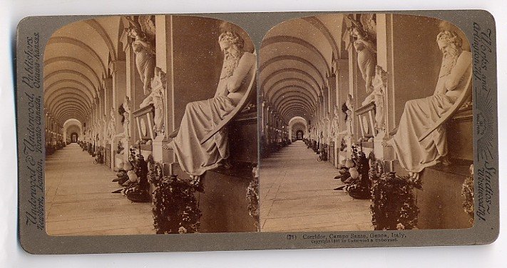 Corridor of Campo Santo cemetery in Genoa Italy historical black and white photo