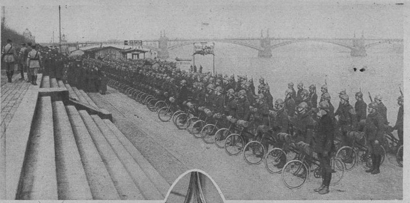 Colonial Infantry Regiment of Morocco with cyclists during Croix de Guerre 1914-1918 ceremony in Mainz