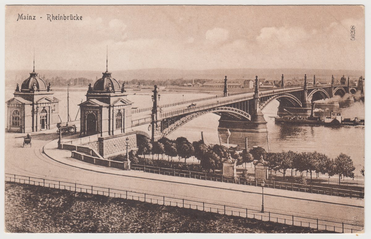 Historical Mainz Rheinbrücke bridge view on vintage postcard