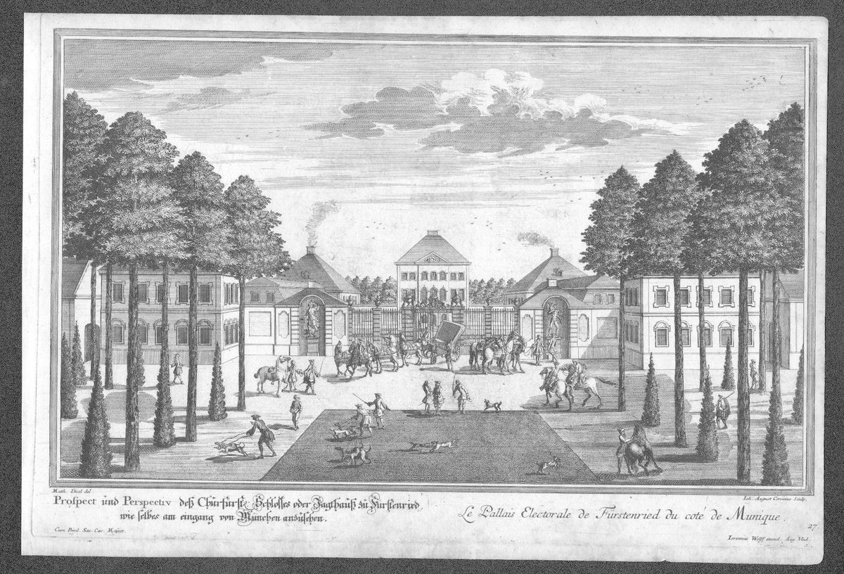 Historical copper engraving of Fürstenried hunting lodge near Munich