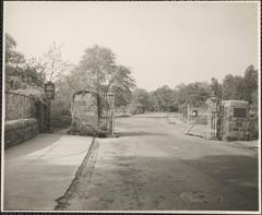 Jamaica Plain Gate of Arnold Arboretum with surrounding greenery