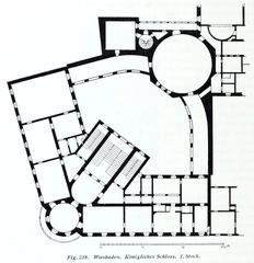 Exterior view of Wiesbaden Royal Castle first floor with historic architectural details