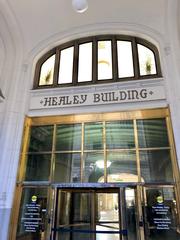 Entrance of the Healey Building in Atlanta, GA featuring historic architecture and ornate detailing