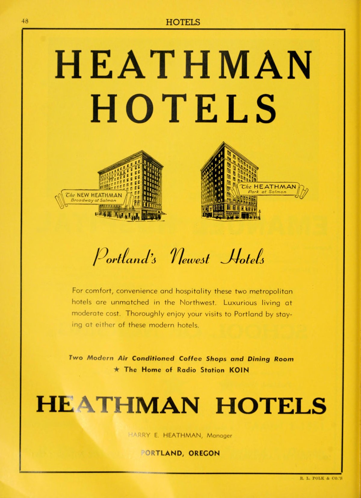 1956 Yellow Pages ad for Heathman hotels in Portland Oregon