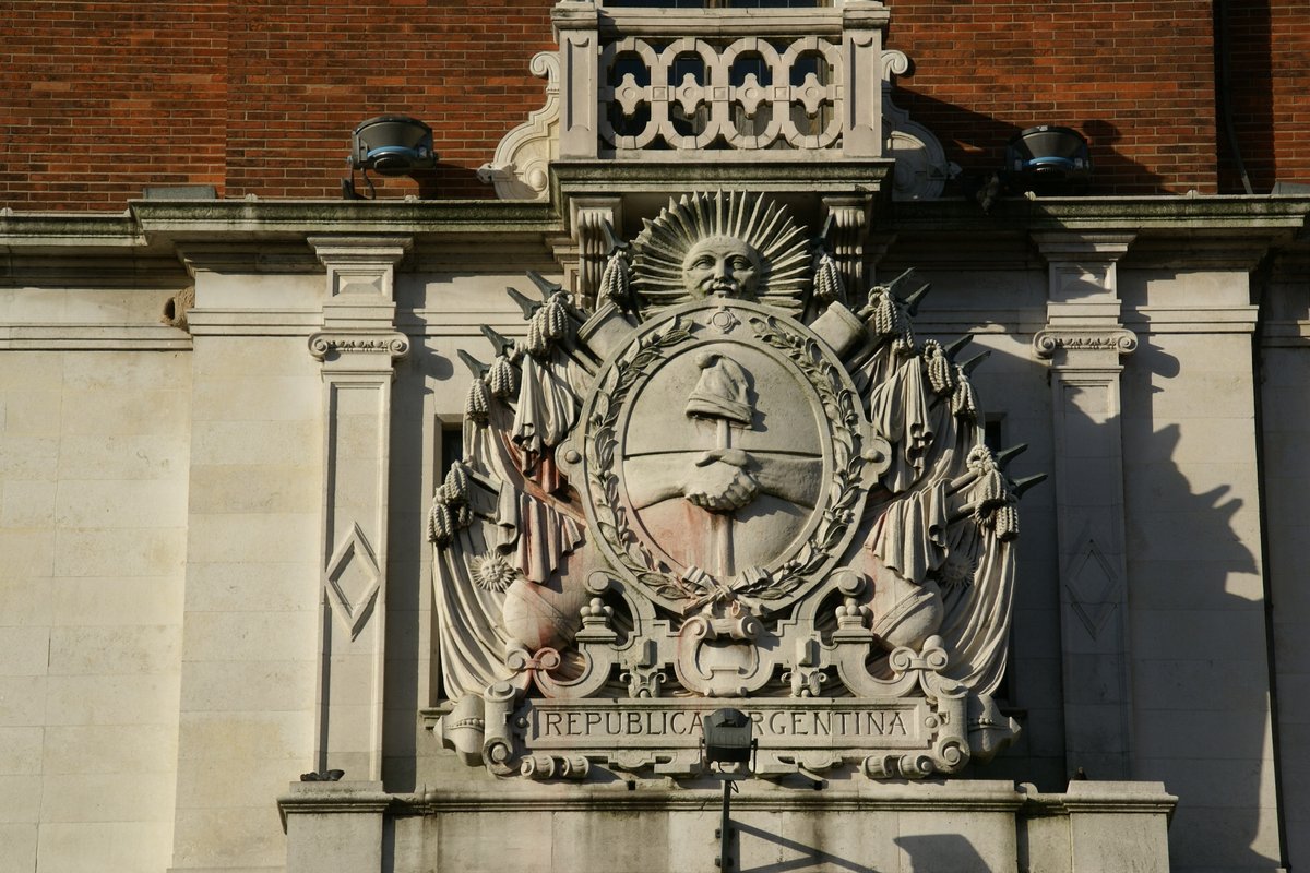 Coat of arms of Argentina on Torre Monumental at Plaza Fuerza Aérea Argentina in Retiro Buenos Aires