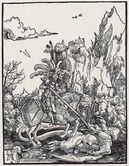 Saint George slaying the dragon woodcut artwork