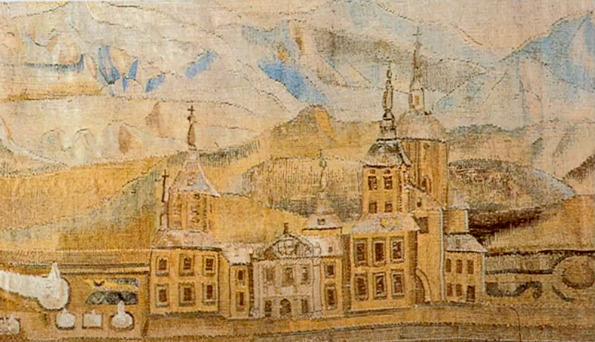 Detail of tapestry 'Resting after the hunt' by Francisco Vandergoten depicting the palace of La Granja de San Ildefonso