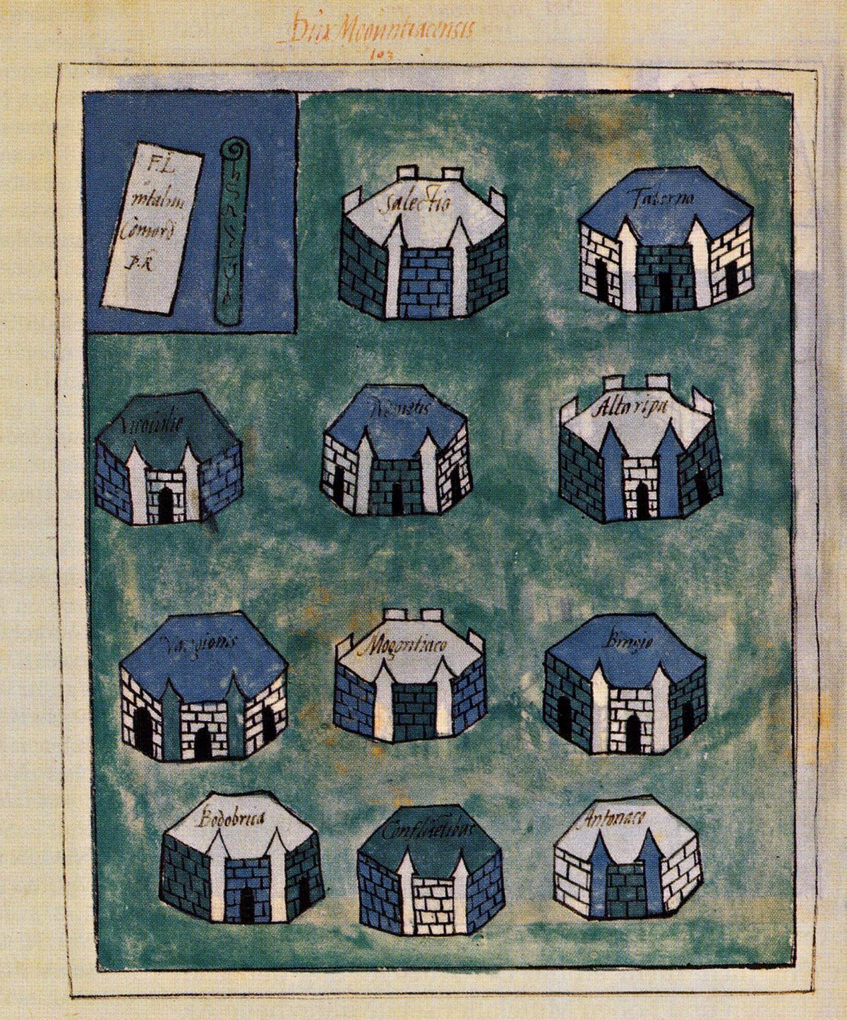 Map of Roman cities under the command of Dux Mogontiacensis from the Notitia Dignitatum, featuring Mogontiaco and other cities like Salectio, Taberna, Altaripa, Bingio, Vangionis, Confluentes, and Bodobrica