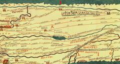 Location of Moguntiacum (Mogontiacum) marked with a red arrow on the Tabula Peutingeriana
