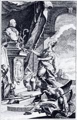 Frontispiece of the first volume of Pater Joseph Fuchs' Alter Geschichte von Mainz, depicting the city goddess Moguntia with symbols of Mainz's Roman past and the bust of Elector Emmerich Joseph von Breidbach zu Bürresheim