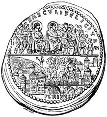 Detailed drawing of Lyoner lead medallion showing intricate features