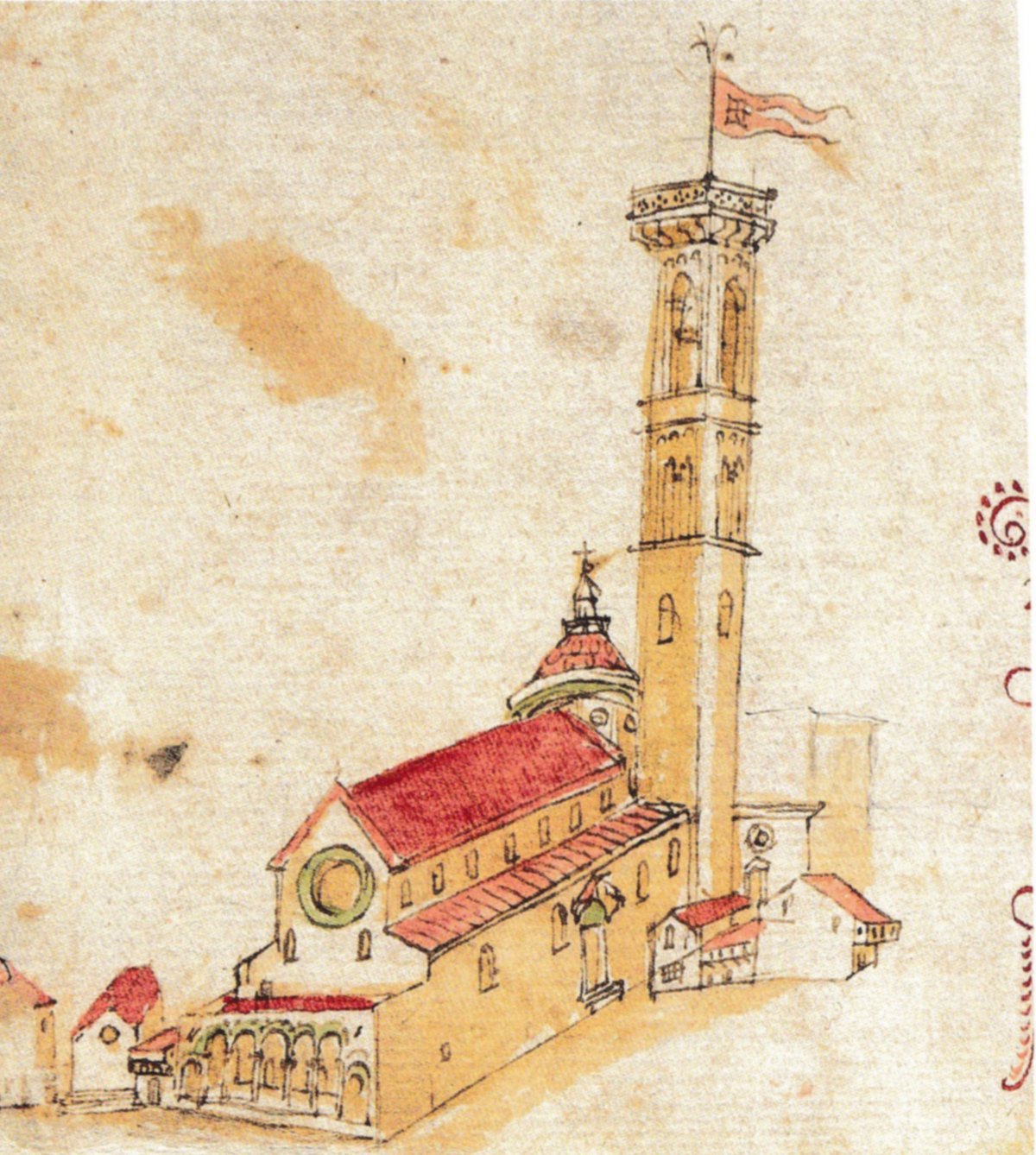 Ancient manuscript page showing Codice Rustici scene of Mercato Vecchio with Column of Abundance and Santa Maria della Tromba
