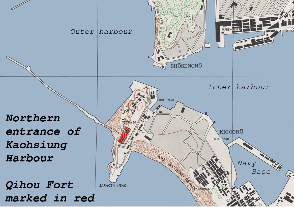 Map showing northern entrance to Kaohsiung Harbour with Qihou Fort highlighted in red