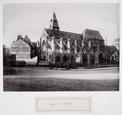 Historic photograph of Eglise Saint-Médard with street view of Rue Mouffetard in Paris