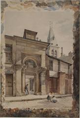 Detailed drawing of the lateral entrance of Saint-Médard church on rue Daubenton, Paris, featuring a rectangular frame with a projecting entablature, Doric columns, semicircular window, and church bell tower with children in the foreground