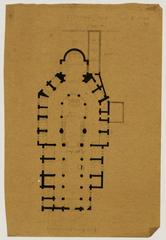 Architectural drawing of Saint-Médard Church in Paris, 1861, showing floor plans, cross-sections, and elevations in pencil and wash on tracing paper