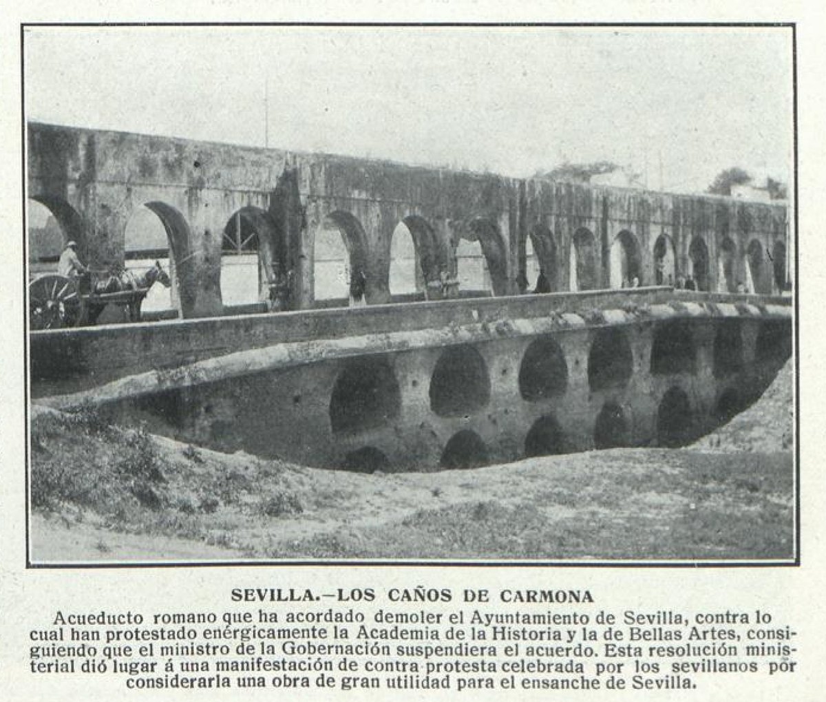 Los Caños de Carmona historic site in Sevilla with stone aqueduct structures and lush greenery
