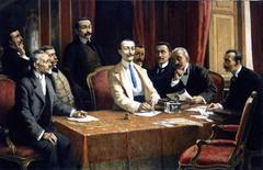 Portrait painting of the founders of FIAT in an Italian classical art style