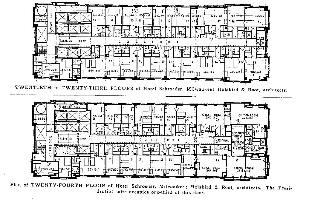 Original floor plan of Hotel Schroeder 20th to 24th floors Milwaukee Wisconsin