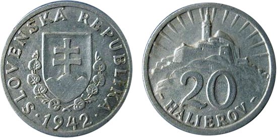 20 halierov coin of the Slovak Republic from 1940-1942 showing Slovak state emblem and Nitra Castle