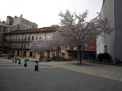Theater courtyard with people and stage area
