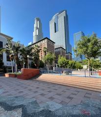 Downtown Los Angeles towers view from Pershing Square on a sunny day