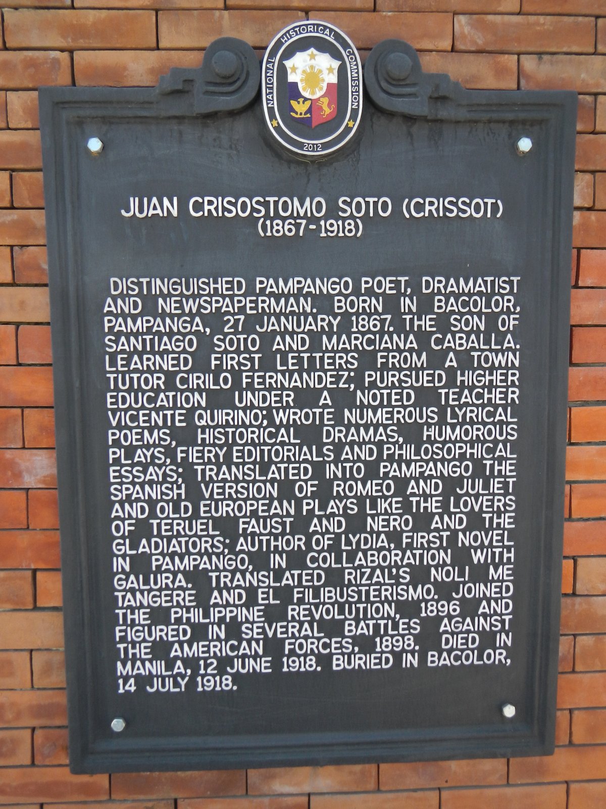 Historical marker of Juan Crisostomo Soto near Don Honorio Ventura Technological State University in Bacolor, Pampanga