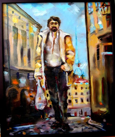 Swedish artist Cornelis Vreeswijk walking in Gamla Stan Stockholm painting by Tommy Tallstig