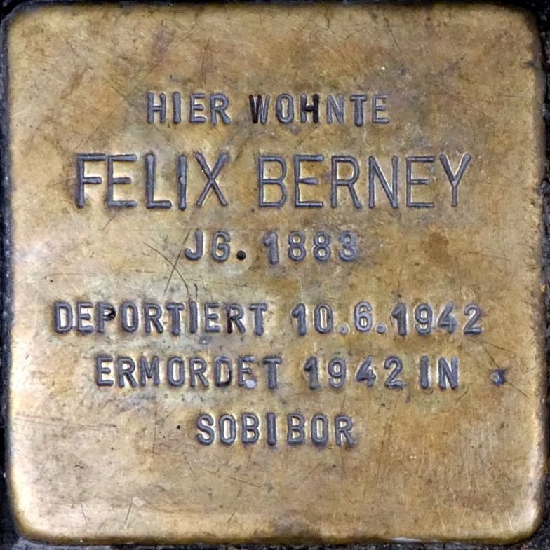 Stolperstein dedicated to Felix Berney in Wiesbaden, Germany embedded in the sidewalk