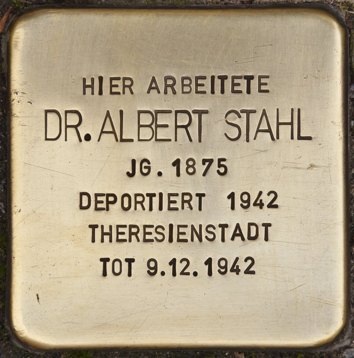 Stolperstein memorial stone dedicated to Dr. Albert Stahl in Wiesbaden, Germany embedded in the pavement