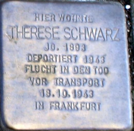 Stolperstein memorial stone for Therese Schwarz embedded in the pavement in Wiesbaden, Germany