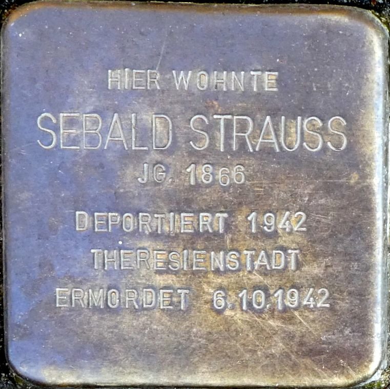 Stolperstein dedicated to Sebald Strauss embedded in the pavement at Bahnhofstr. 46 in Wiesbaden, Germany