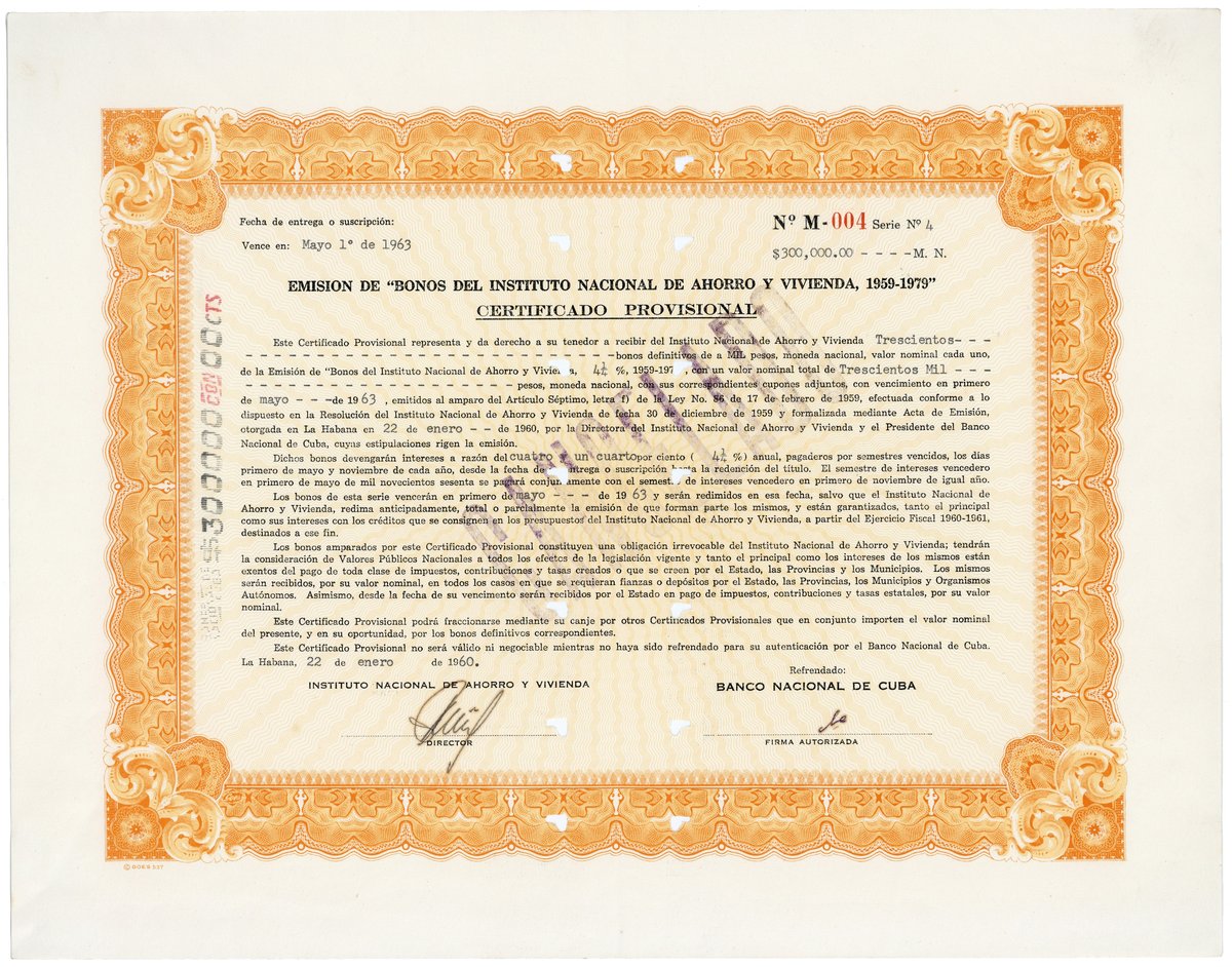 Provisional bond certificate of Banco Nacional de Cuba signed by Che Guevara