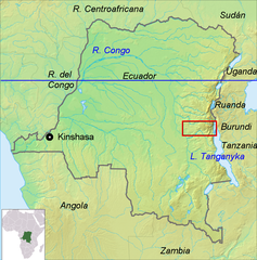 Map of Democratic Republic of Congo showing main locations and Che Guevara guerrilla action area in 1965