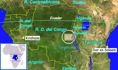 Map of Congo and neighboring countries showing the area where Che Guevara operated in 1965