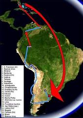 Map showing the first voyage of Ernesto Guevara and Alberto Granado in 1952 with red arrows indicating airplane travel routes