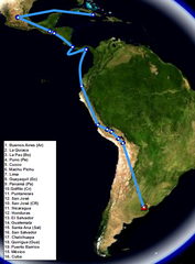 Map showing the second journey of Ernesto Che Guevara from 1953 to 1956