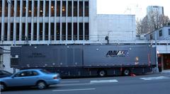 All Mobile Video truck parked outside Lincoln Center on 10th Avenue on a cloudy afternoon
