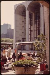 Bird's eye view of Lincoln Center Plaza in New York City enclosed by two theaters, an opera house, and a concert hall