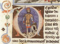 Előd Hungarian Chieftain holding spear with Turul shield illustrated in Chronicon Pictum page 21