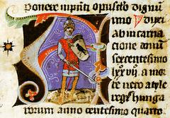 Álmos, Hungarian Chieftain holding sword and Turul shield in Chronicon Pictum page 21