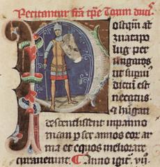 Grand Prince Taksony of Hungary holding a spear with a Turul bird on his shield from Chronicon Pictum page 33