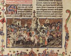 Chronicon Pictum page depicting the first arrival of Hungarians in Pannonia with armored knights on horseback, a chief, families in wagons, and castles on hills in the background